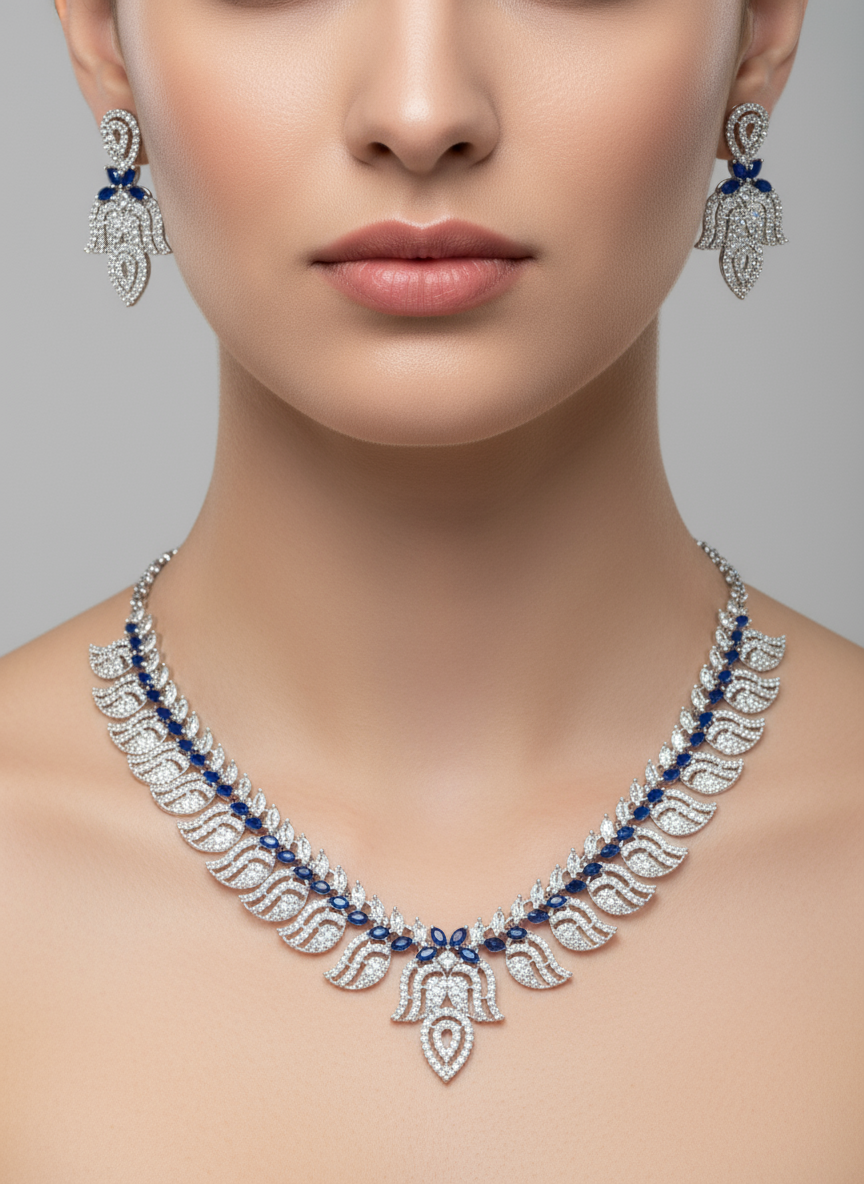 Royal Blue Marquise Cut Statement Necklace and Earrings