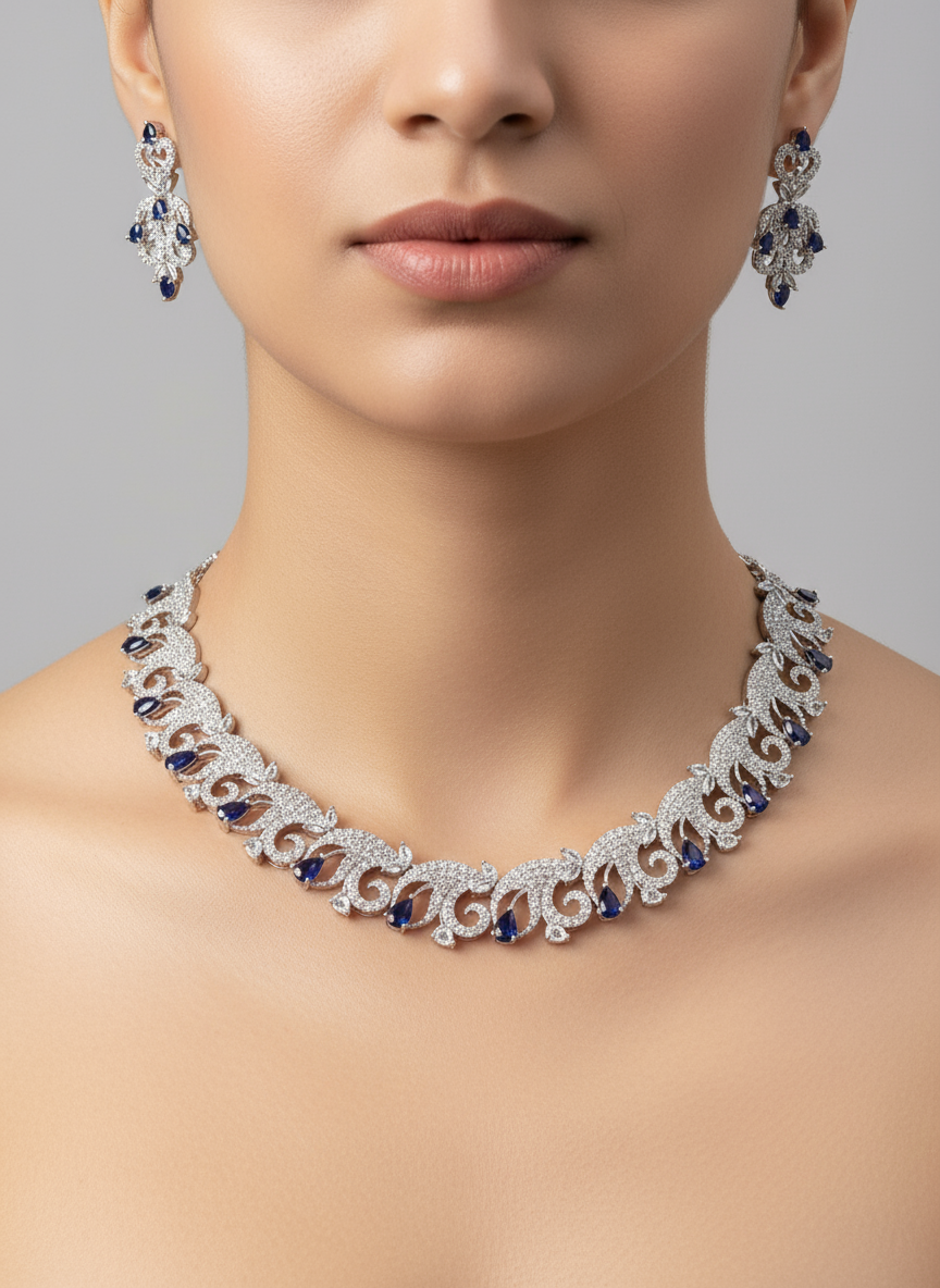 Royal Blue Pear Cut Paisley Design Necklace Set