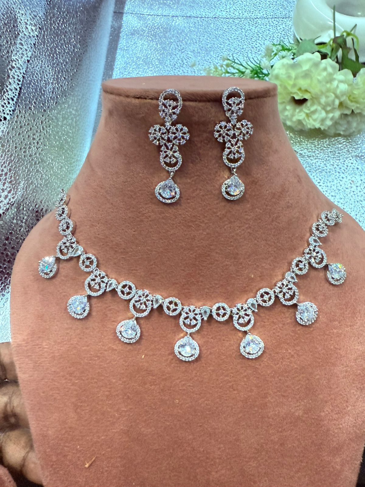 Rhodium Plated American Diamond Halo Drop Necklace Set