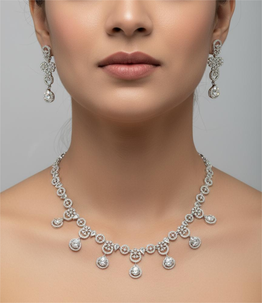 Rhodium Plated American Diamond Halo Drop Necklace Set