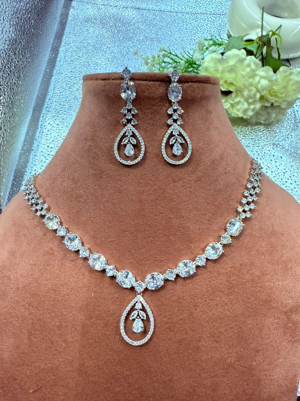 Round Cut CZ Teardrop Pendant Necklace Set