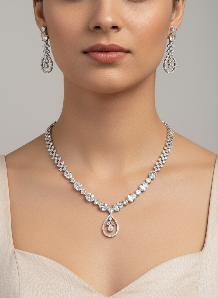 Round Cut CZ Teardrop Pendant Necklace Set