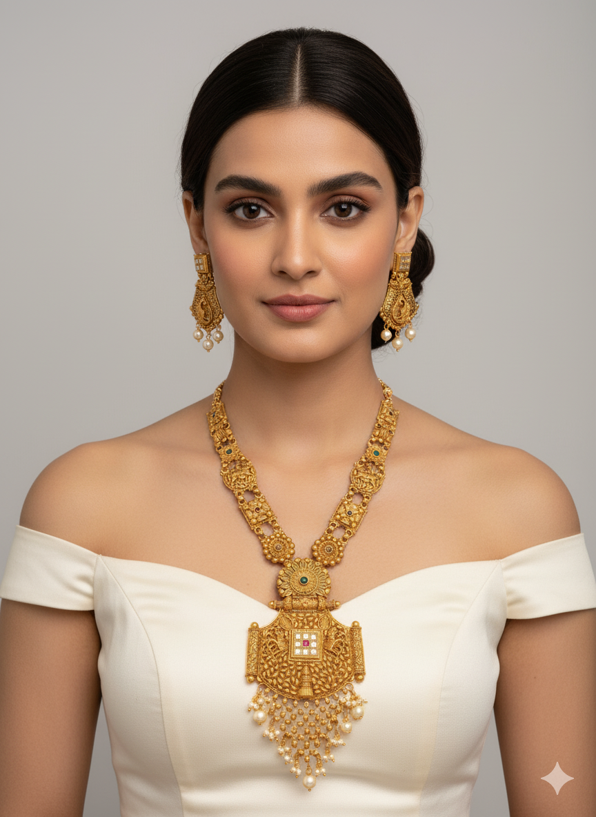 Antique Gold Polish Temple Jewelry Necklace Set